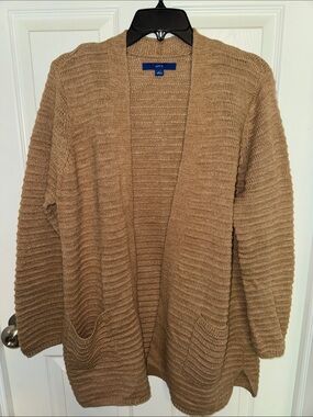 EUC Apt. 9 Open-Front Cardigan Sweater in Camel Brown with Subtle Shimmers